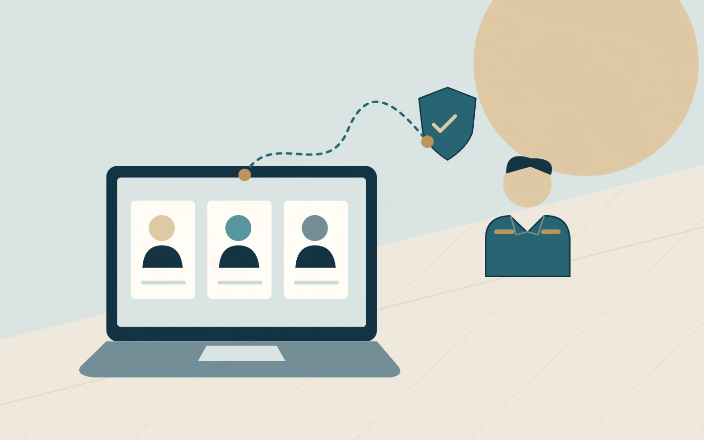 Candidate profiles on a laptop beside a human decision-maker and a verification shield.