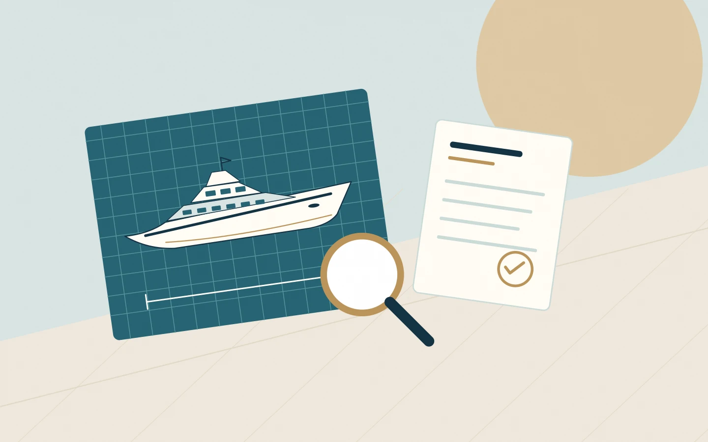 A yacht specification drawing and verified document viewed through a magnifying glass.