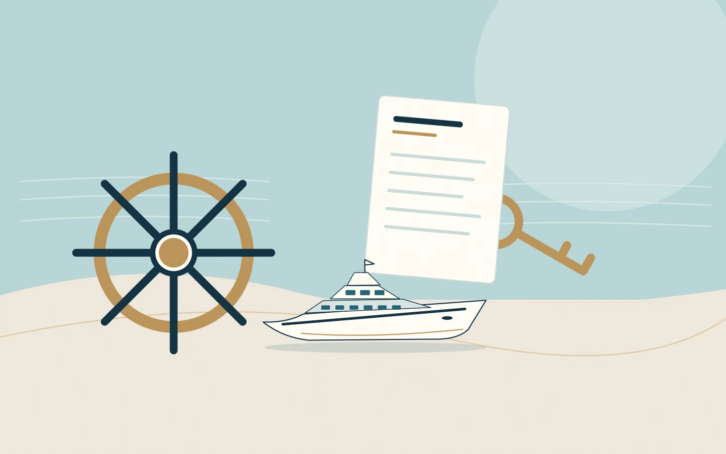A captain's helm, operational handover document and transfer key beside a yacht.