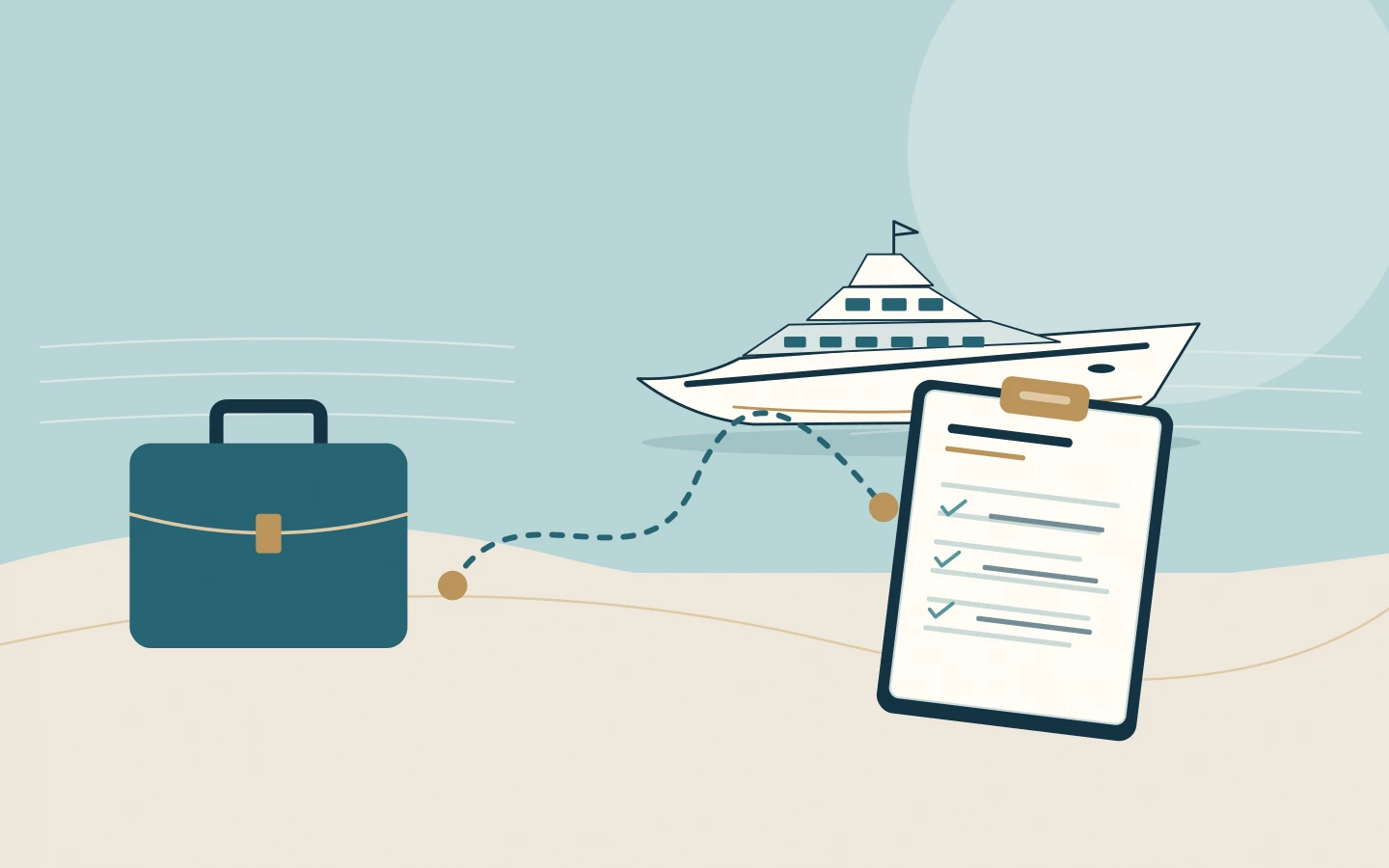 A broker's briefcase linked to a captain's charter checklist, with a yacht in the background.
