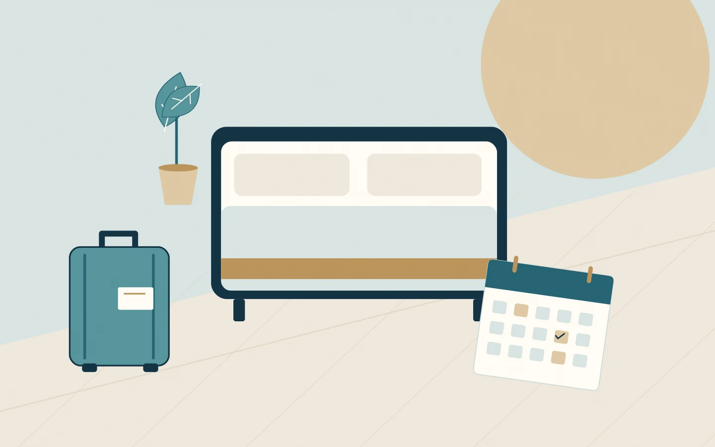 A prepared crew bed, travel bag and yard-period calendar for shore accommodation planning.