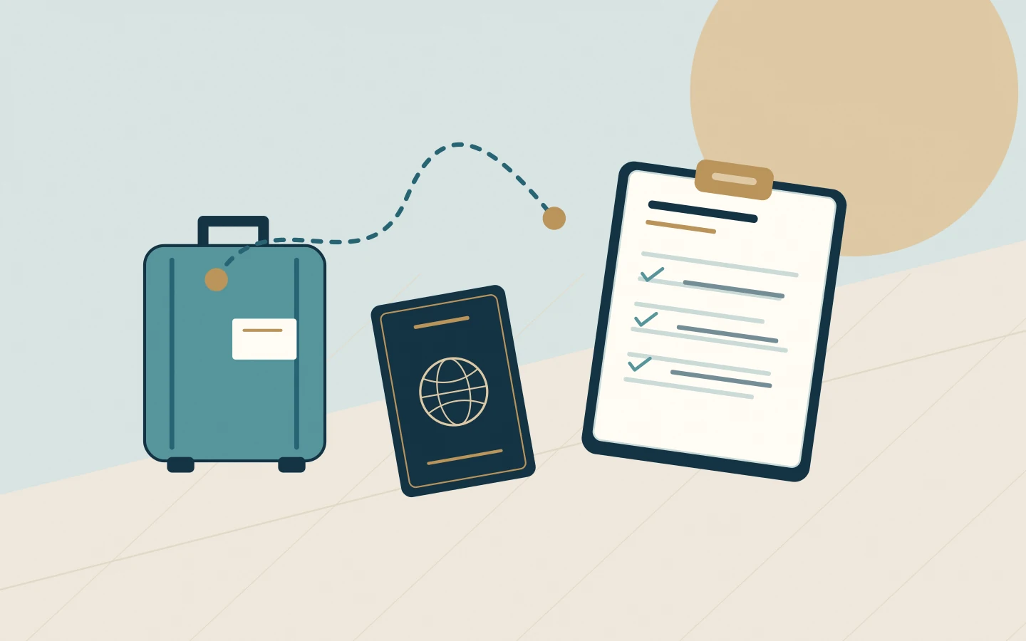 Crew luggage, a passport and mobilisation checklist connected by a planned travel route.