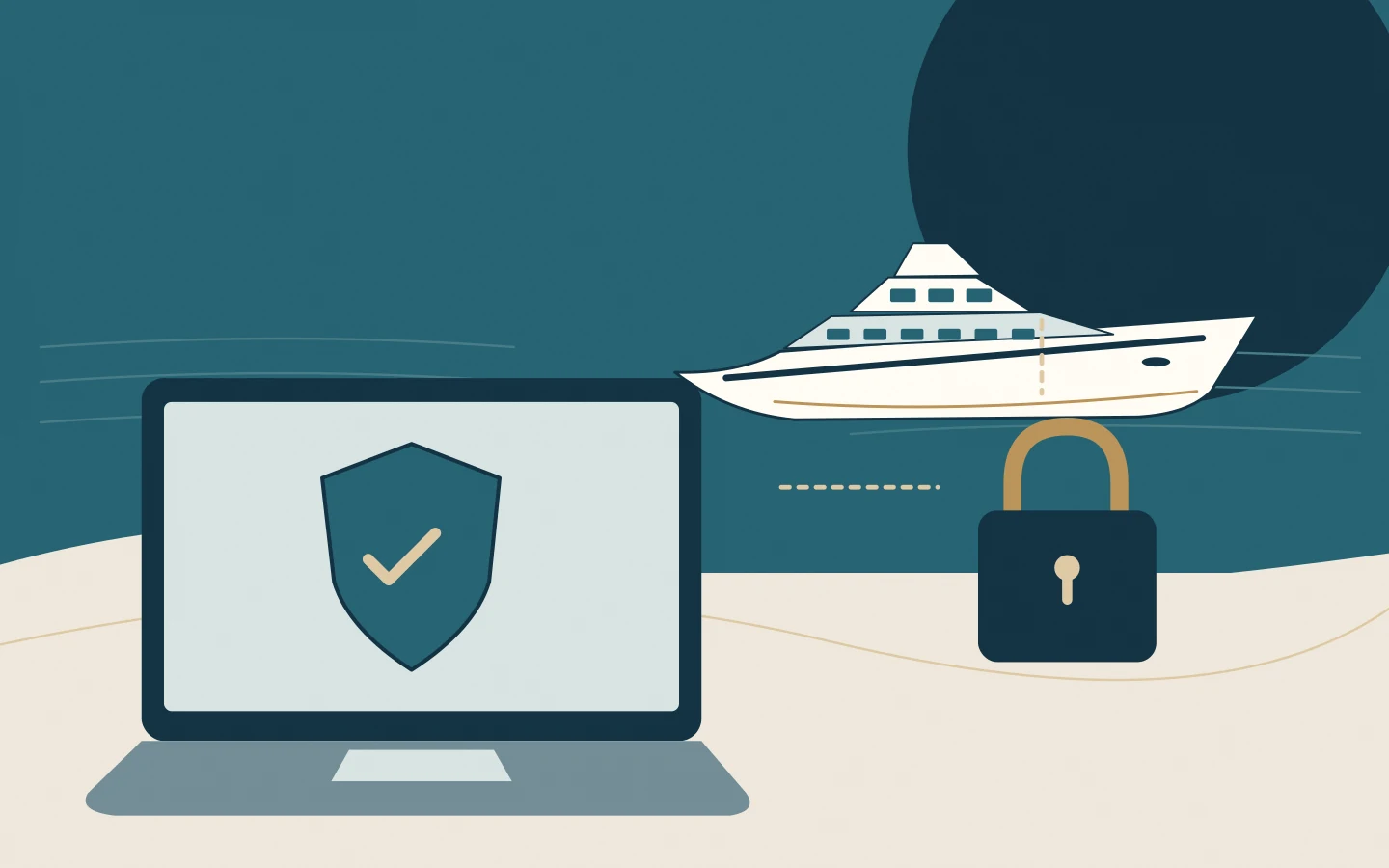 A yacht and protected laptop linked to a padlock, illustrating onboard cybersecurity.