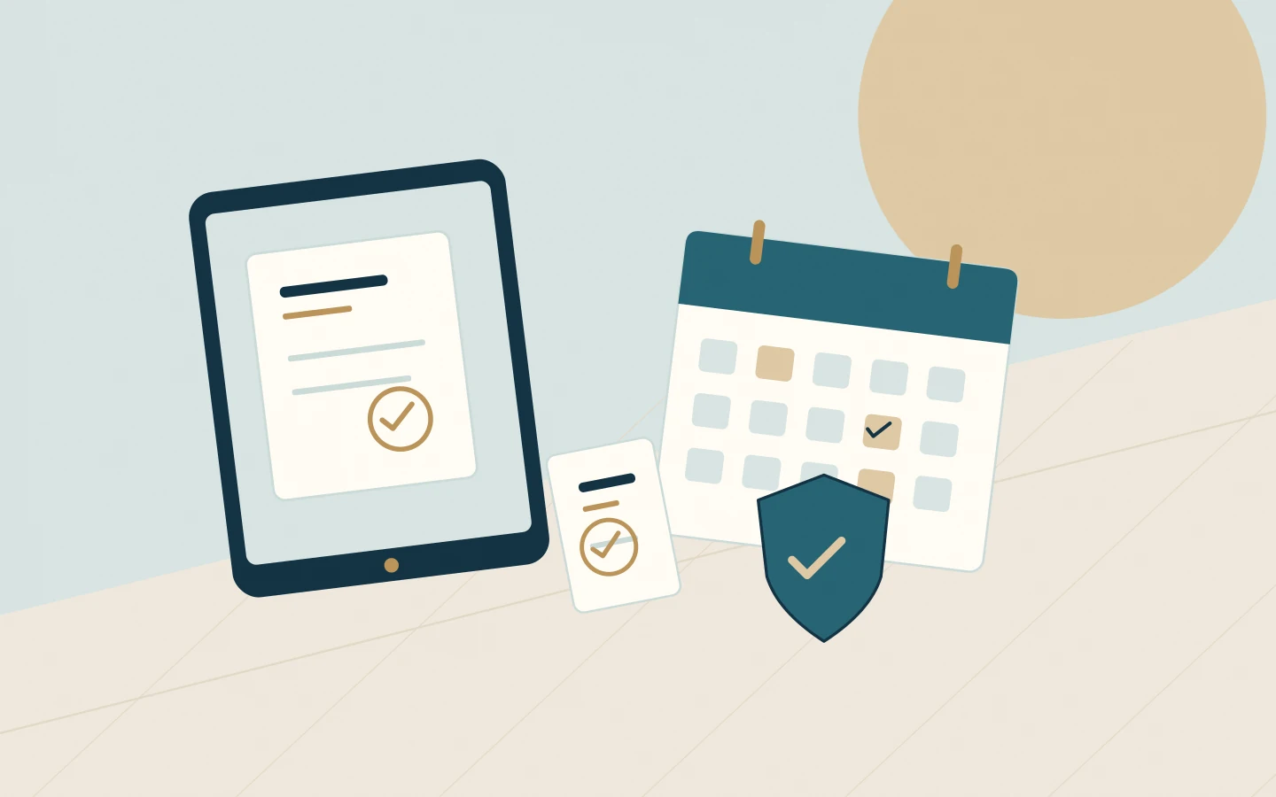A digital certificate tablet, renewal calendar and verification shield.