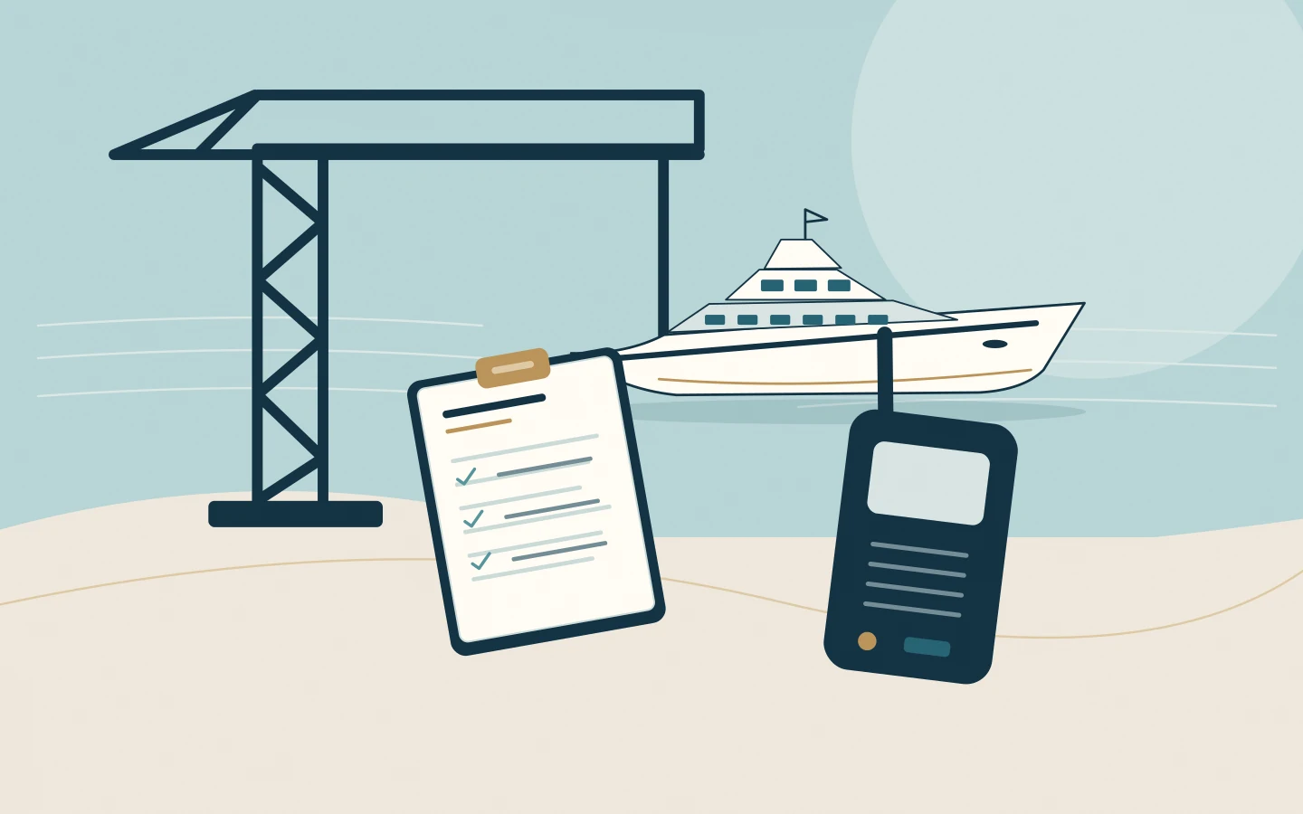 A shipyard crane, contractor checklist and handheld radio representing coordinated dockside work.