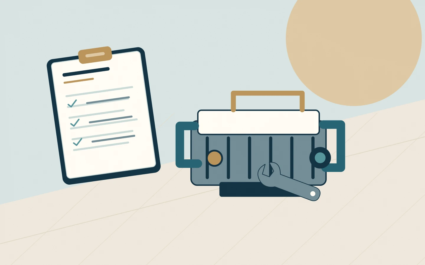 An engine, maintenance log and spanner representing an engineering defects handover.