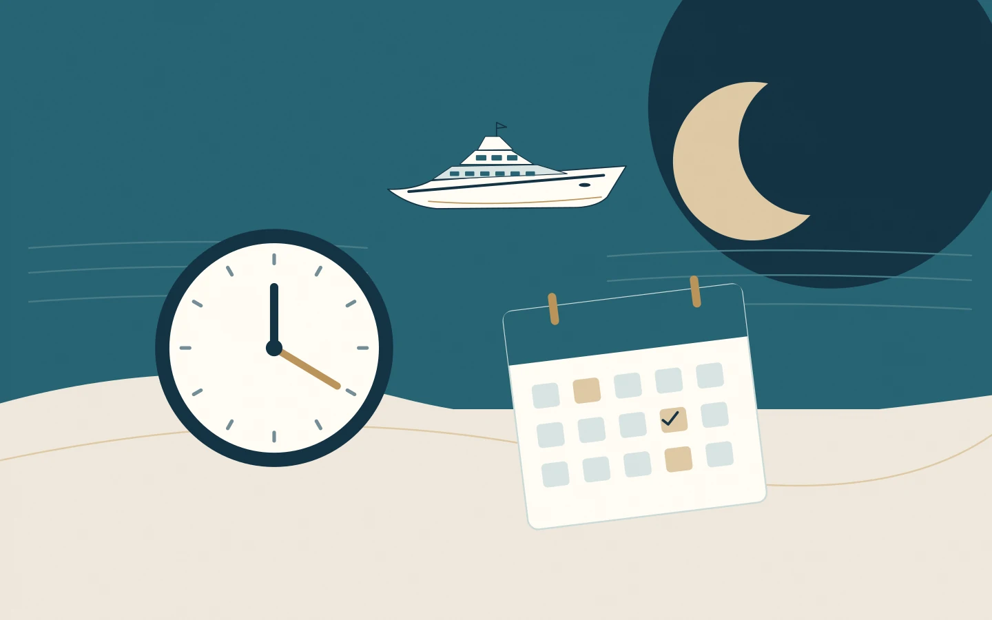 A moonlit yacht, clock and charter calendar illustrating hidden fatigue pressure.