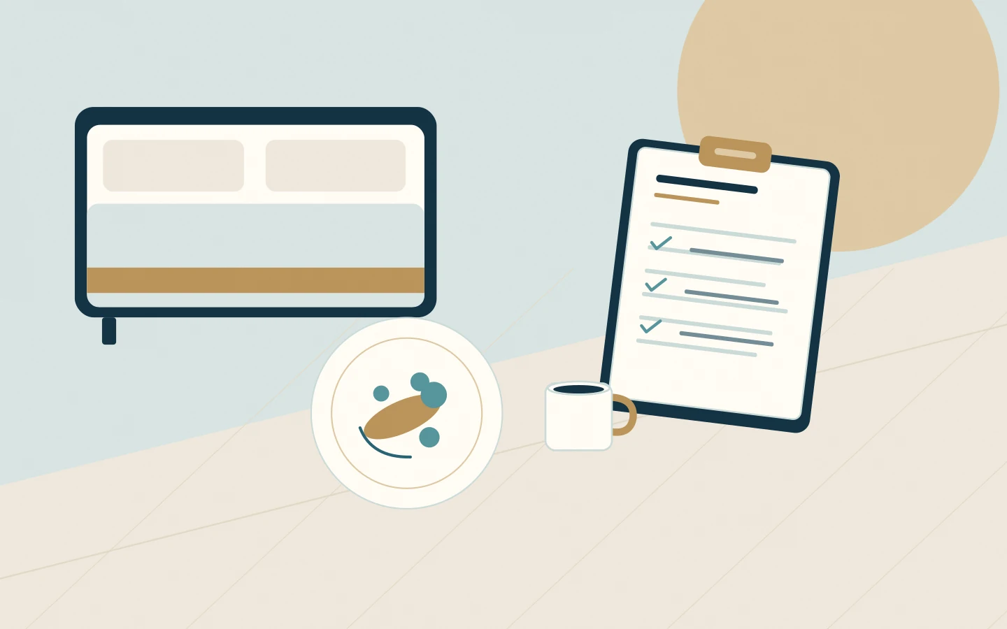 A prepared cabin, service checklist and breakfast setting for a guest-preference handover.