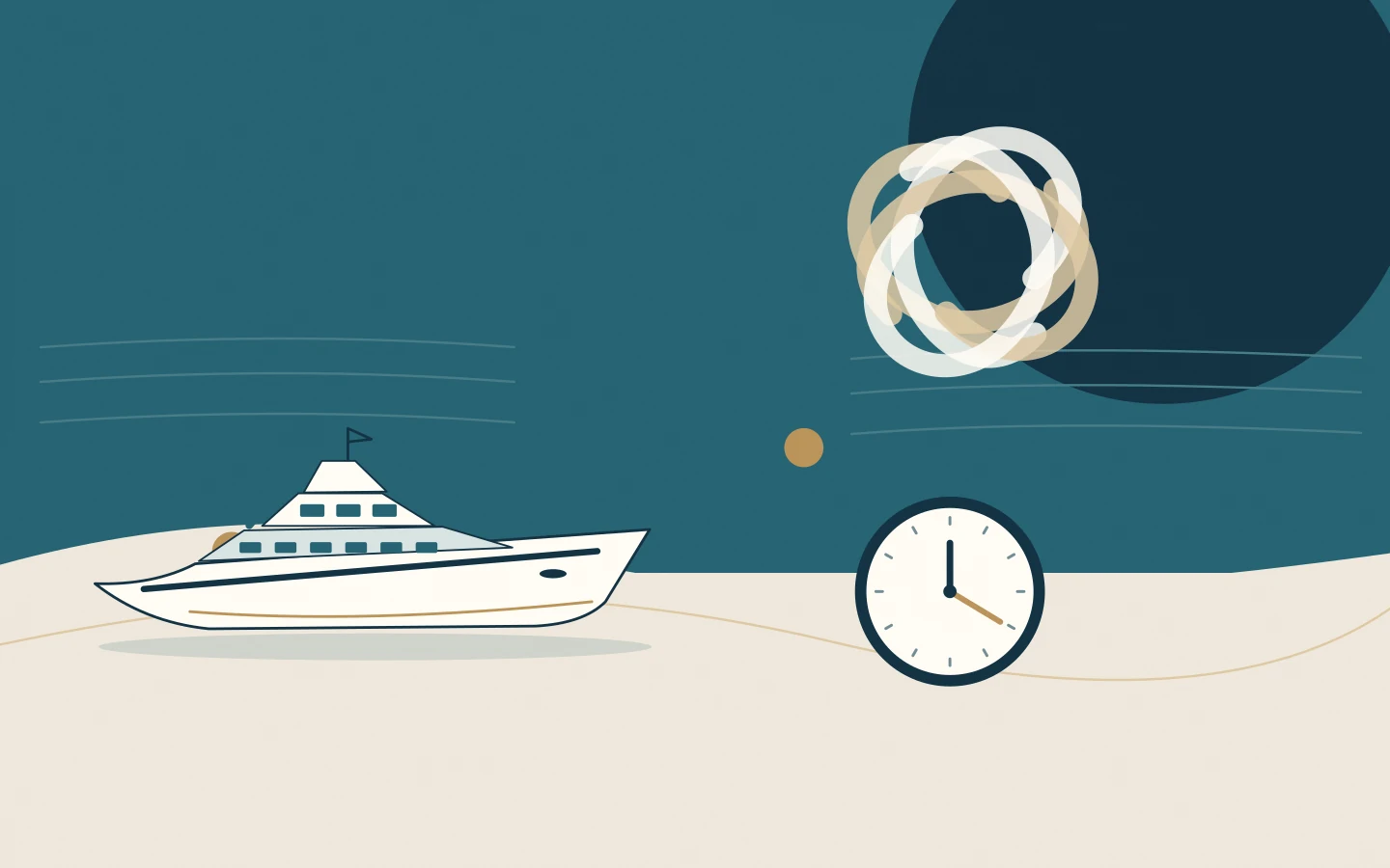 A yacht route, tropical storm spiral and decision clock for hurricane contingency planning.