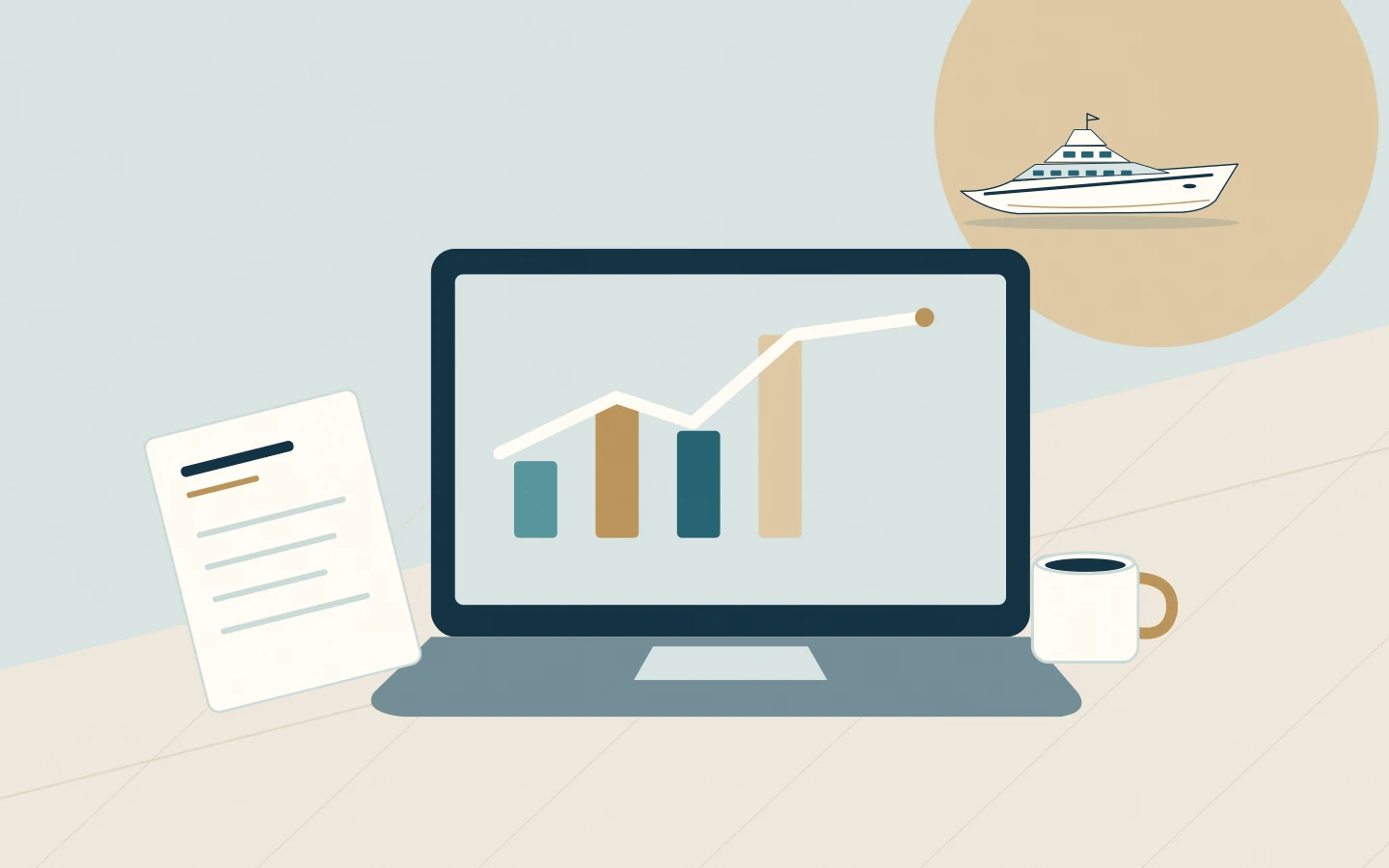 A management dashboard, report and coffee beside a yacht silhouette for owner reporting.