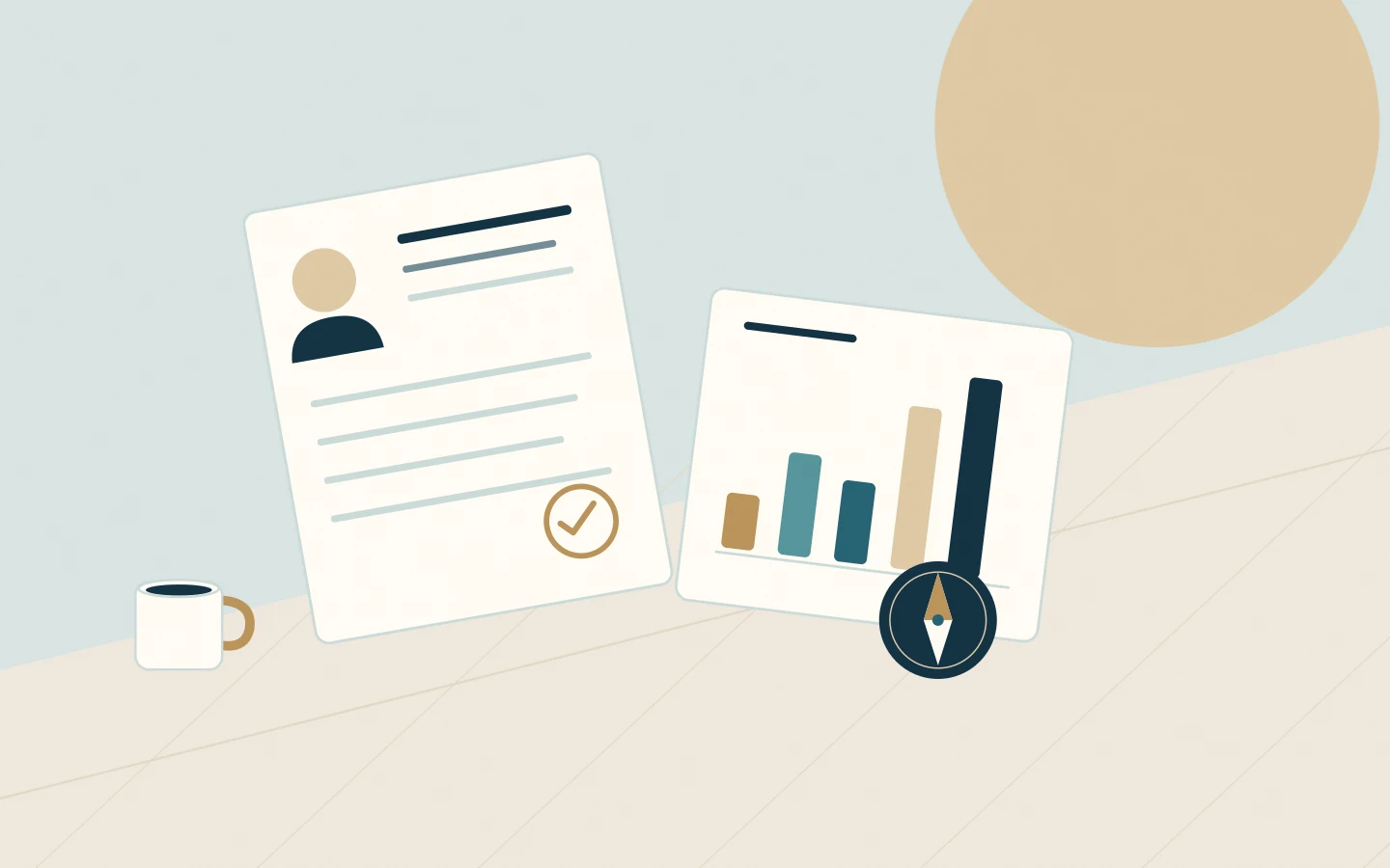 A career profile, progress chart and compass representing a post-season career review.