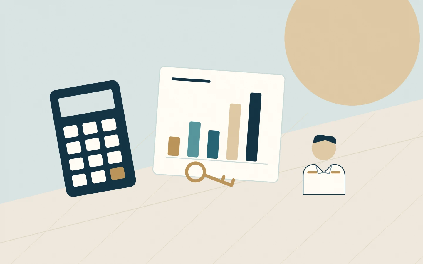 A calculator, cost chart and crew figure representing the cost of turnover.