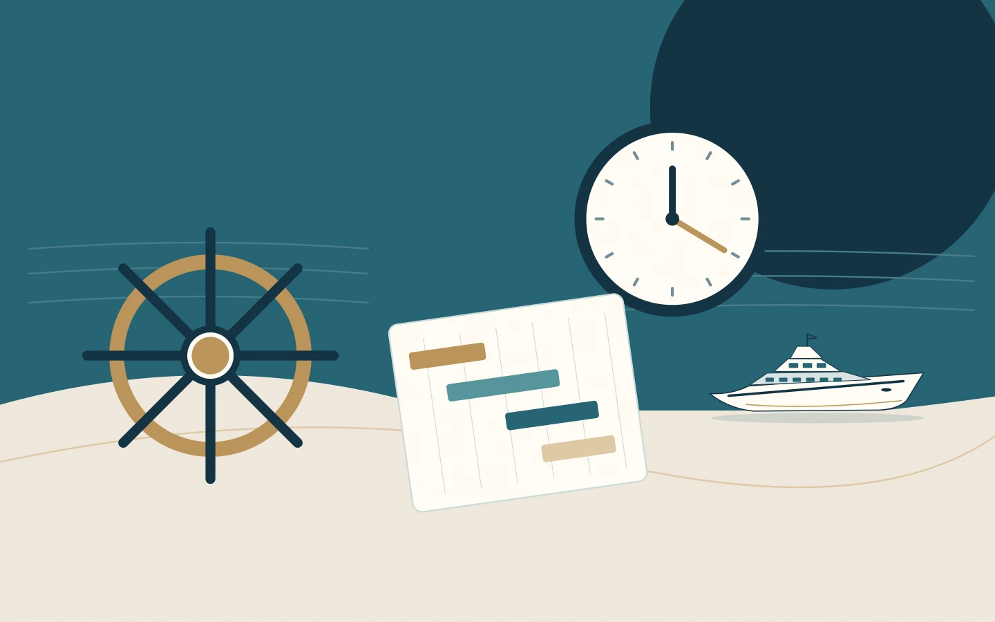 A yacht helm, clock and duty schedule illustrating watch and rest planning for owner trips.