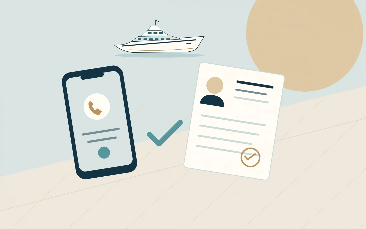 A reference-check phone call beside a verified candidate profile and yacht silhouette.