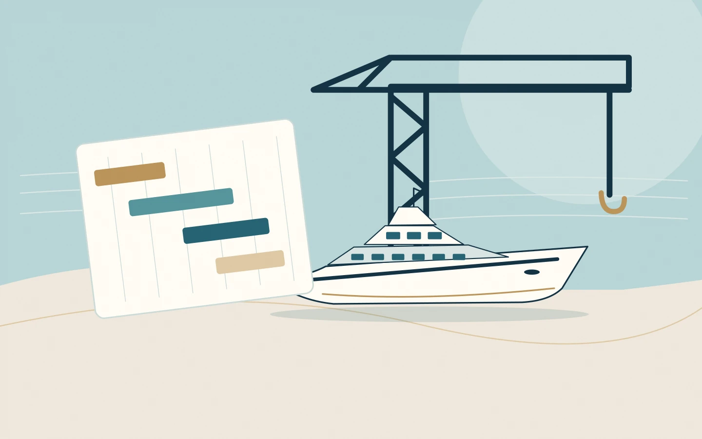 A refit schedule beside a crane and yacht in a shipyard.