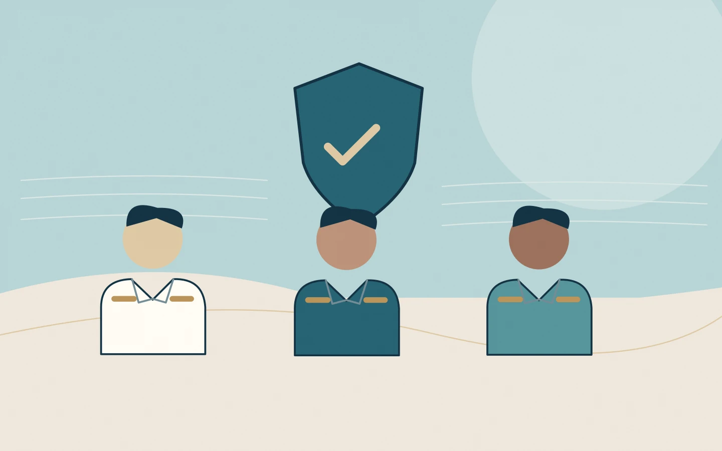 Three crew members beneath a shared protection symbol, illustrating respectful onboard conduct.