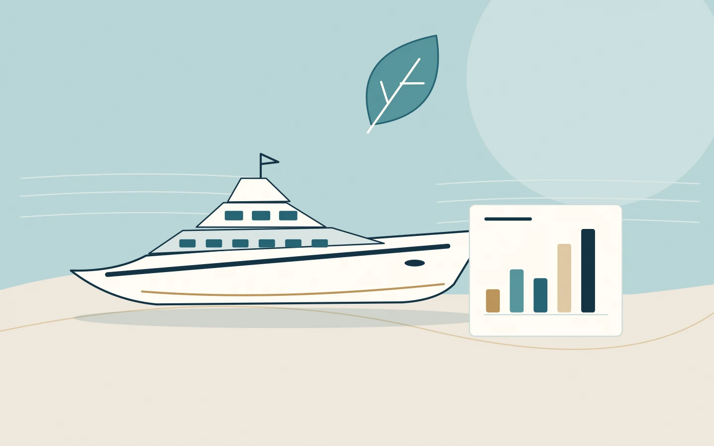 A yacht, environmental leaf and measured operational chart representing evidence-led sustainability.