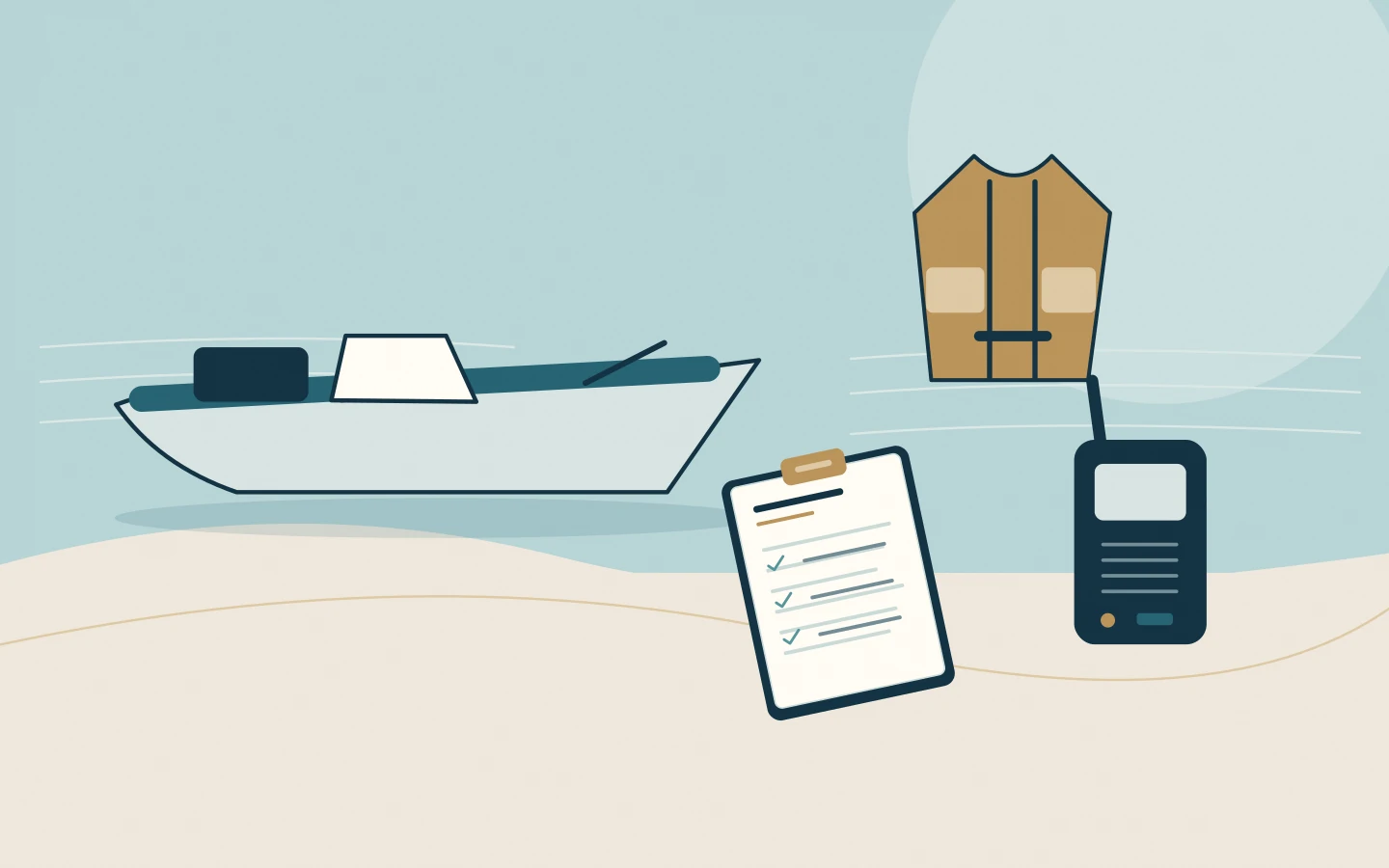 A tender, lifejacket, radio and equipment checklist for launch readiness.