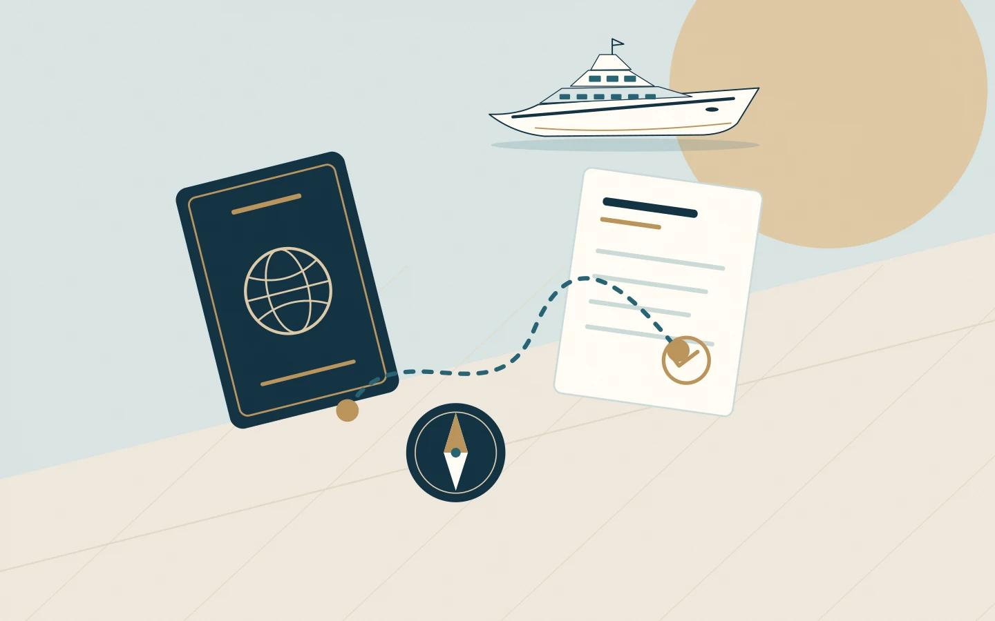 A passport and approved travel document linked by a route, with a compass and yacht.