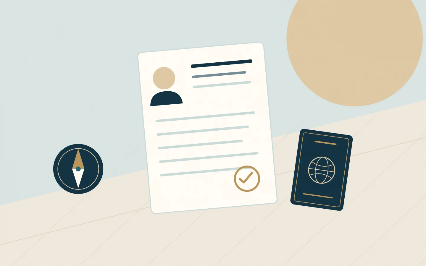 A detailed candidate profile with verified experience, a passport and a navigation compass.