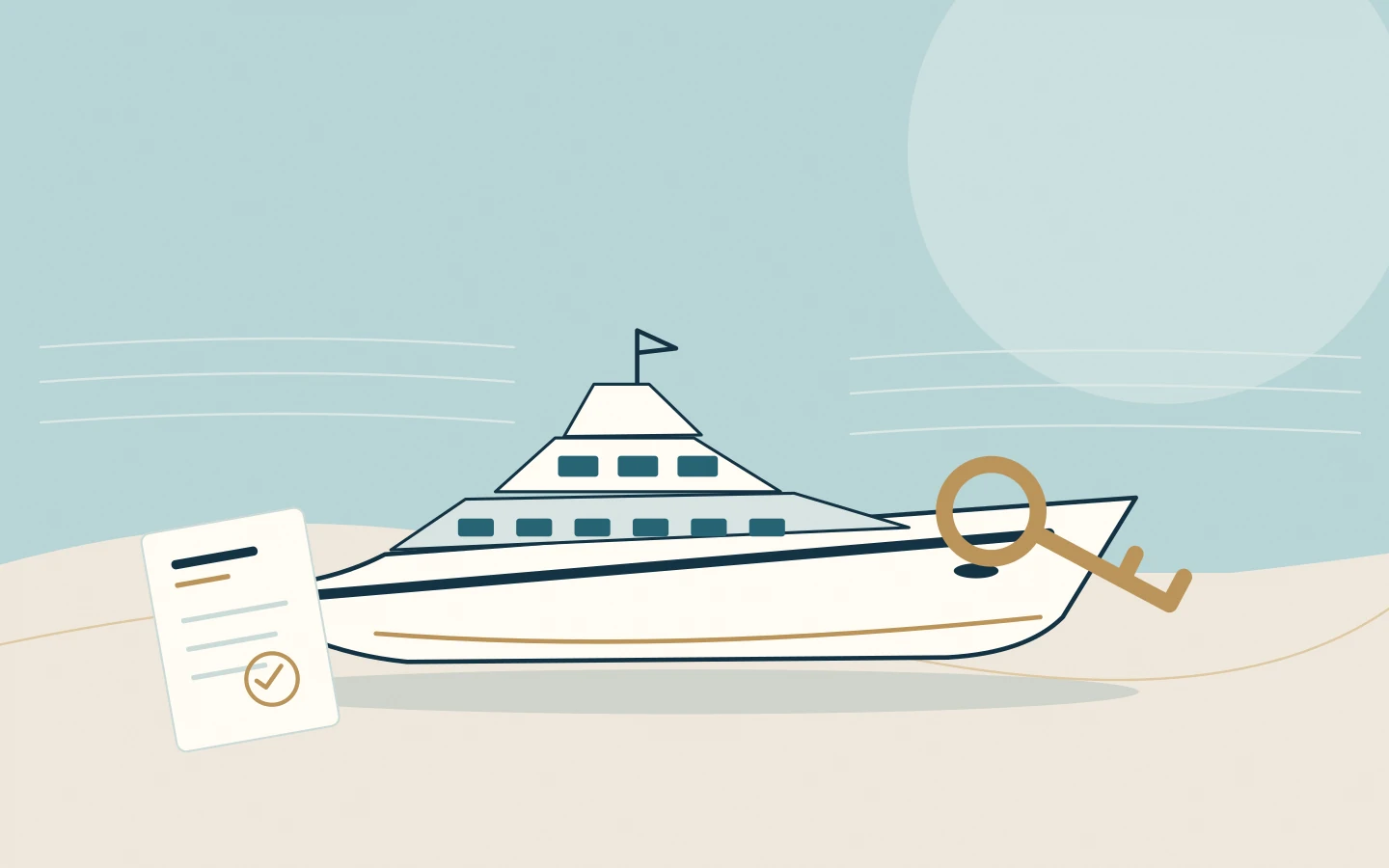 A superyacht, transfer key and handover document representing continuity during a yacht sale.